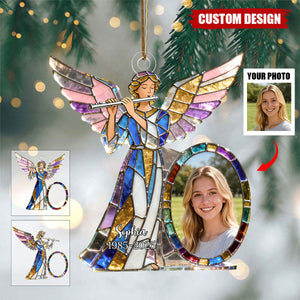 Personalized stained glass angel flute themed photo ornament