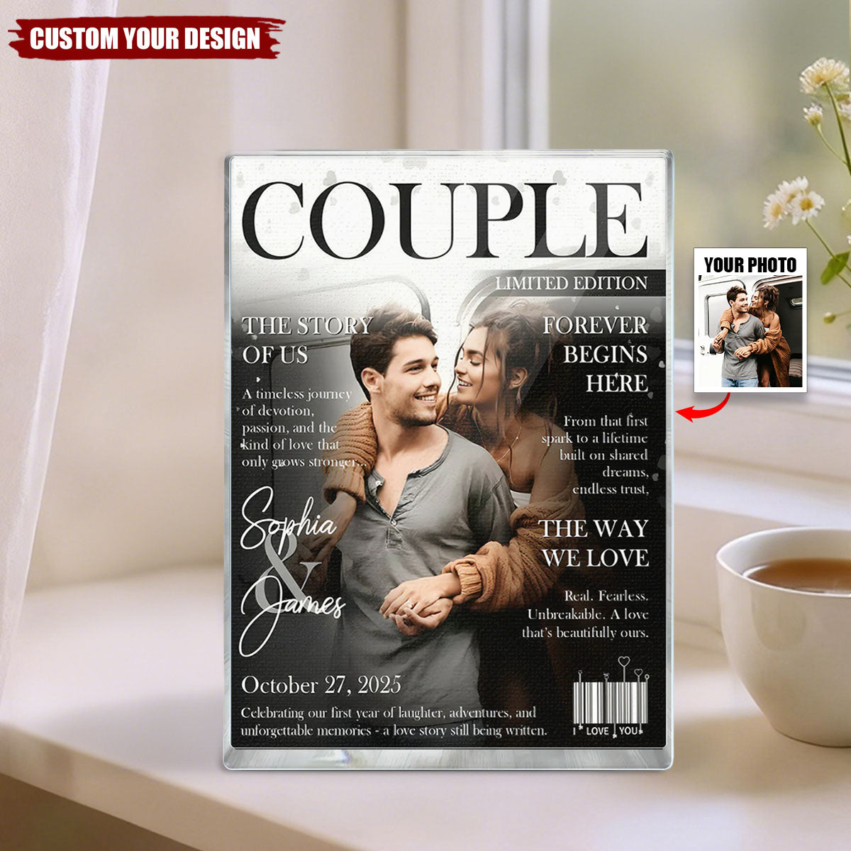 Personalized Love Story Couple Magazine Acrylic Block Plaque - Gift For Romantic Couple