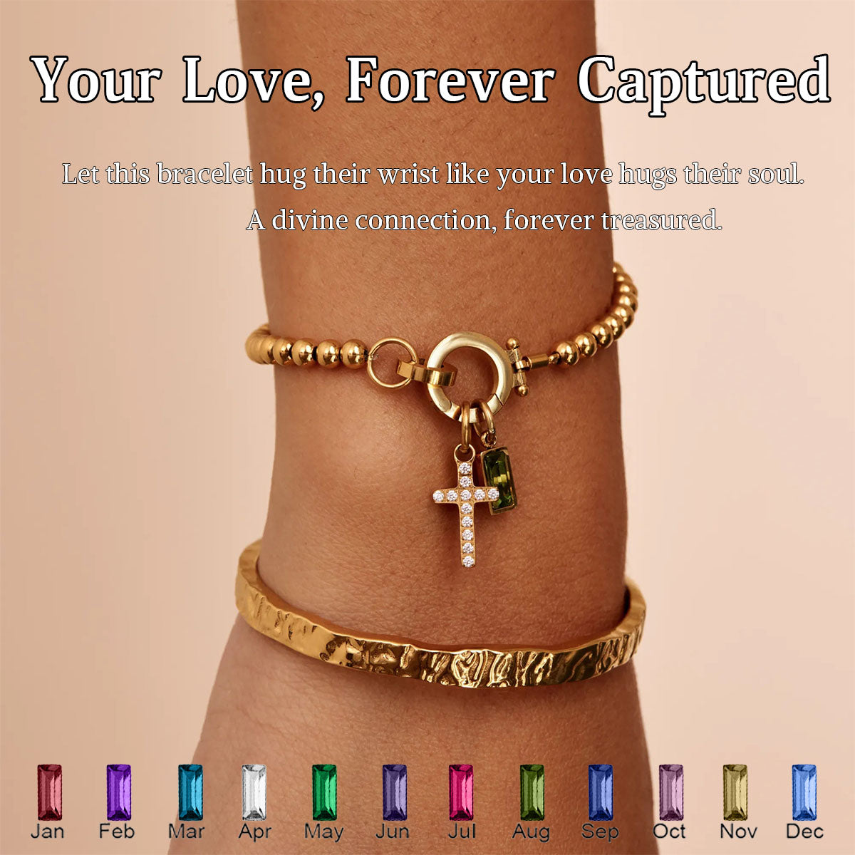 BEADED BIRTHSTONE CROSS CHARM BRACELET