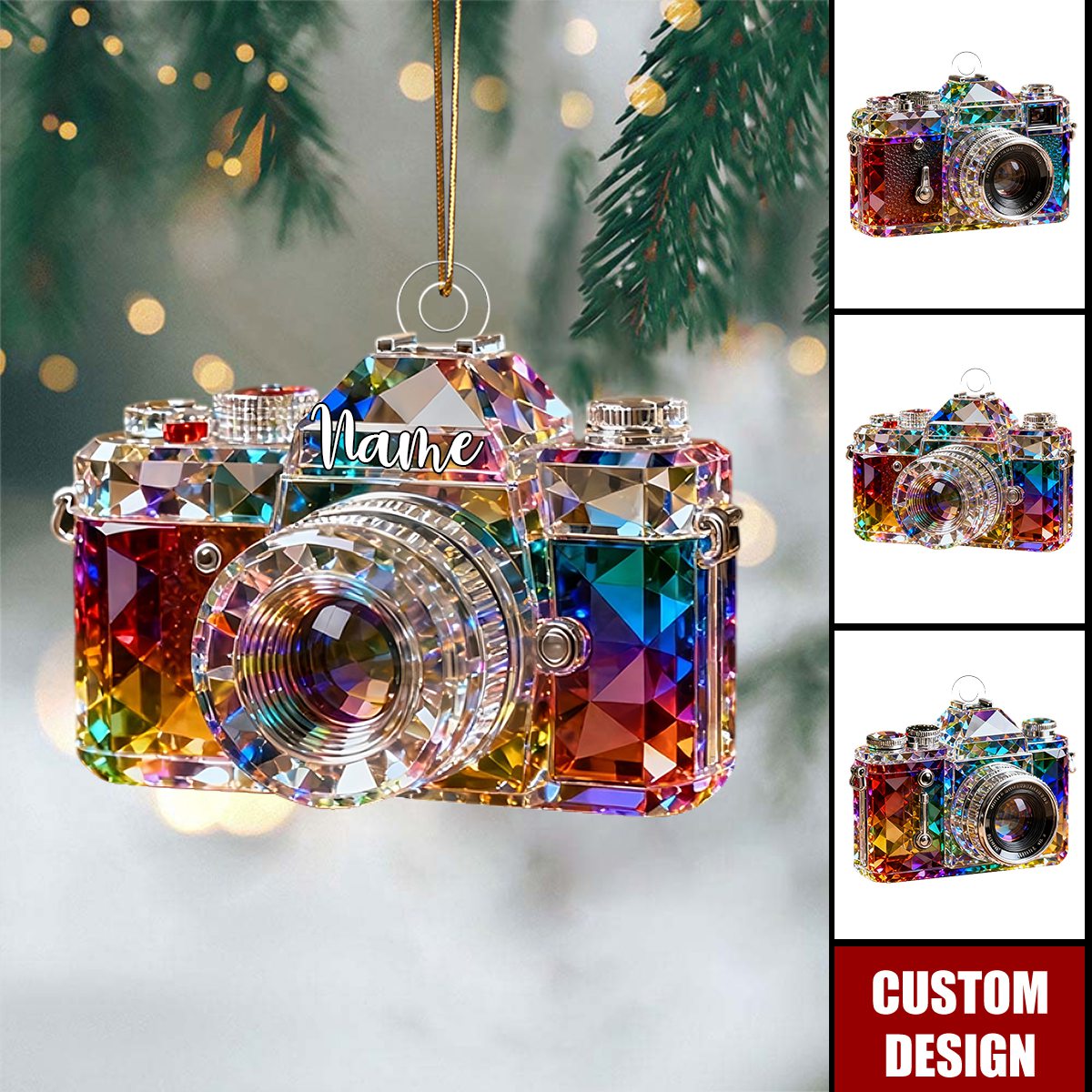 Personalized camera-themed colorful crystal ornaments
