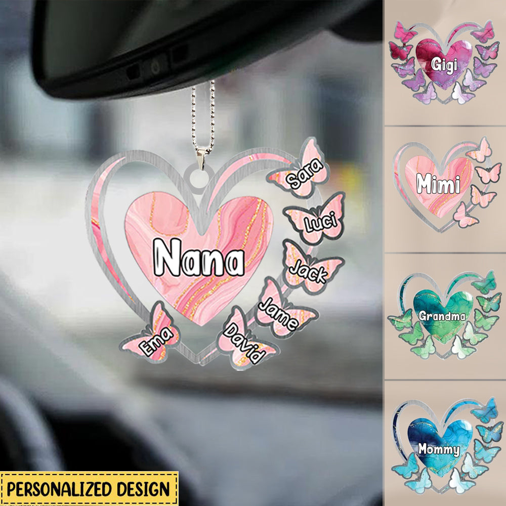 Grandma, Mom, Nana Heart Butterfly Kids-Personalized Car Hanging Ornament