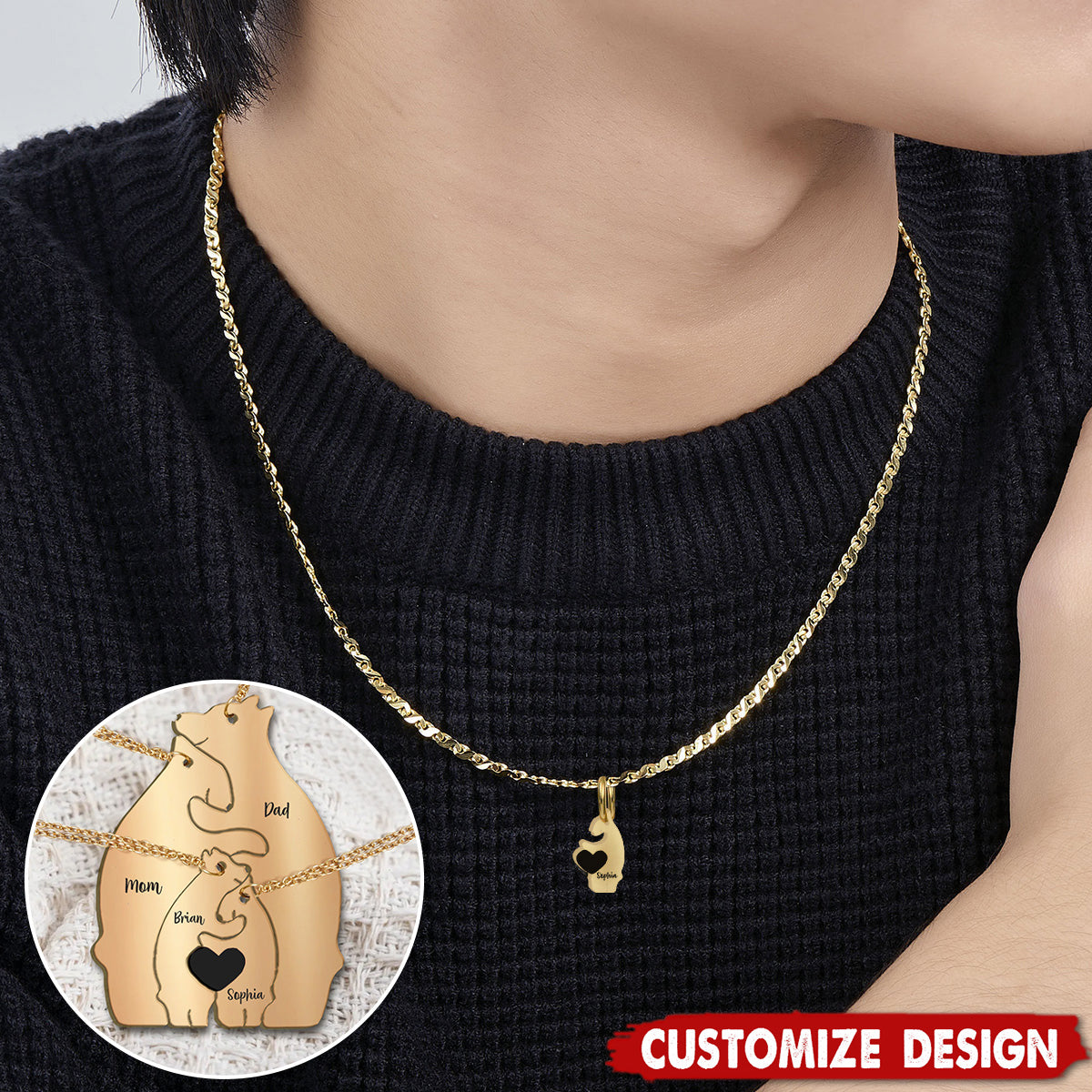 Personalized Family Bear Matching Pendant Necklace