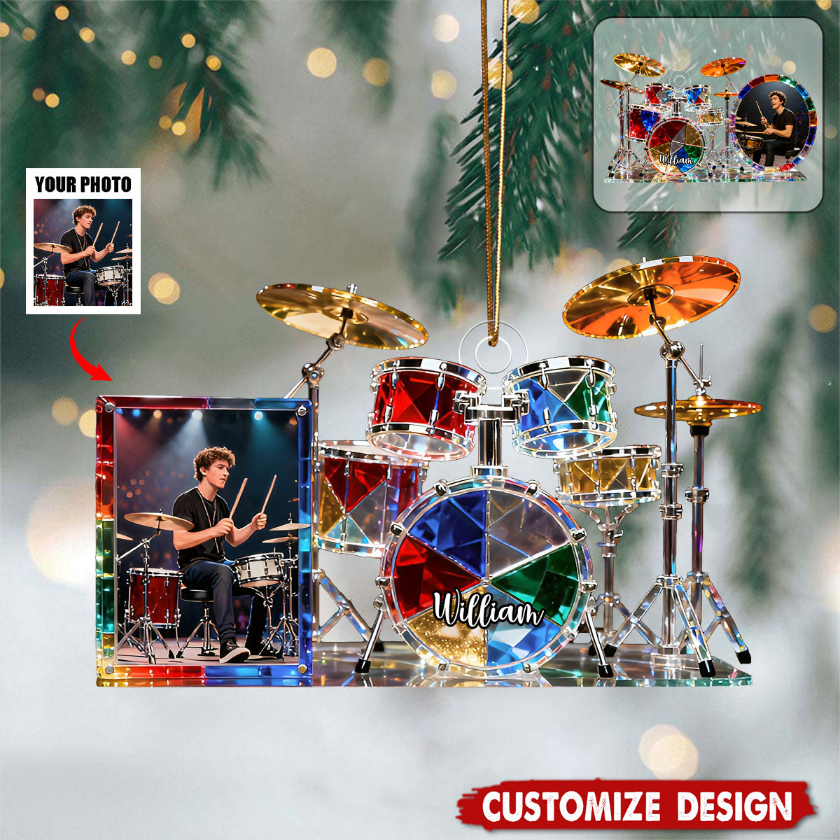 Personalized stained glass drum set themed photo ornament