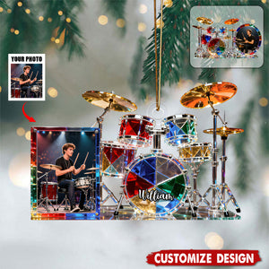 Personalized stained glass drum set themed photo ornament