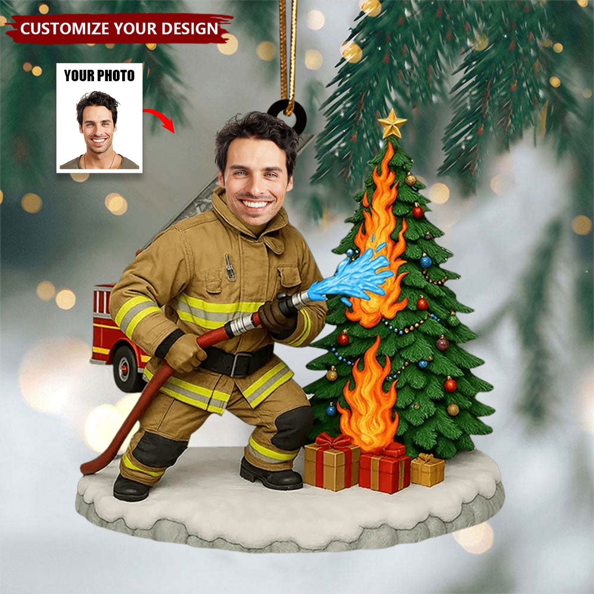 Personalized Photo Firefighter Christmas Ornament - Gift For Fireman