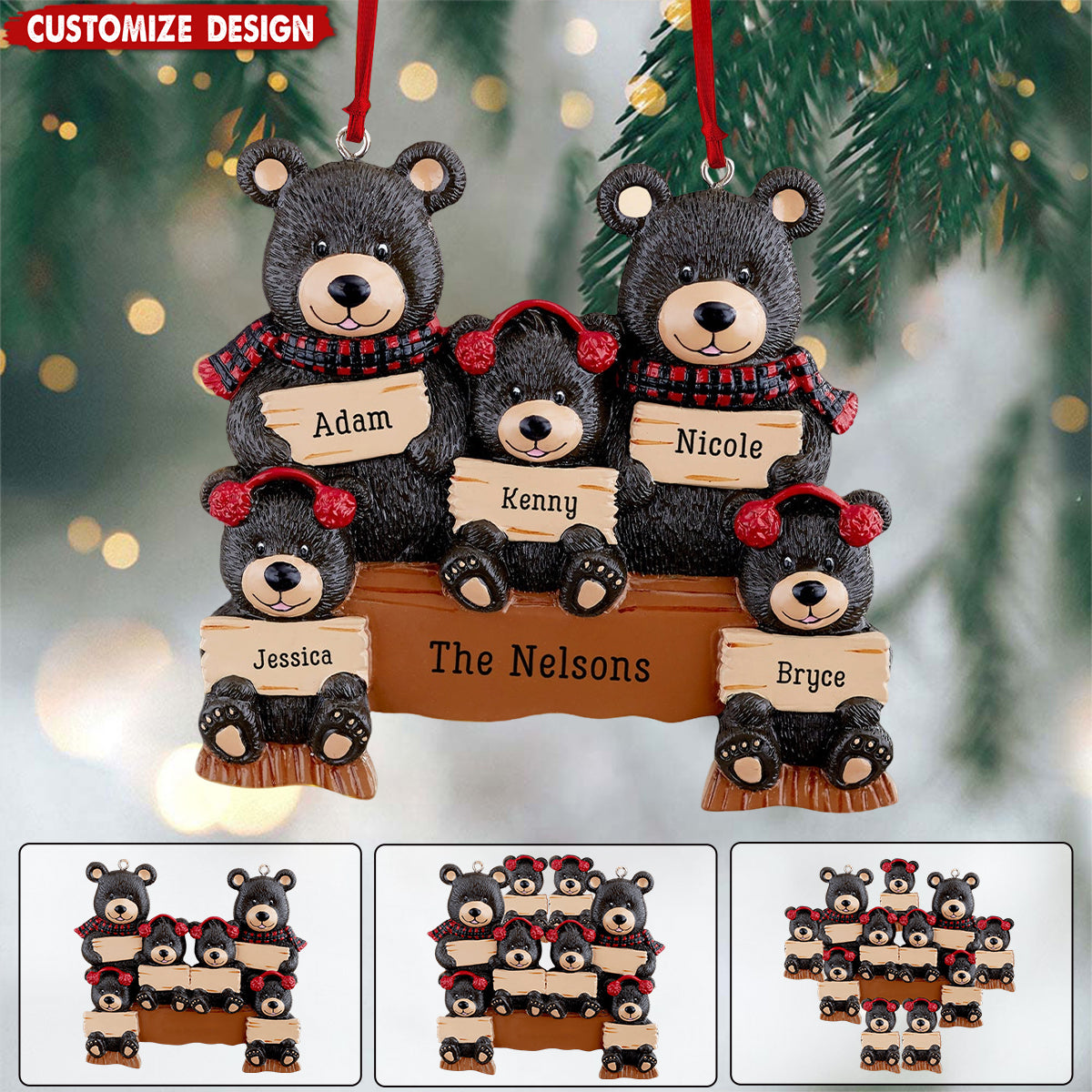 Holiday Bear Family - Personalized Ornament - Gift For Family