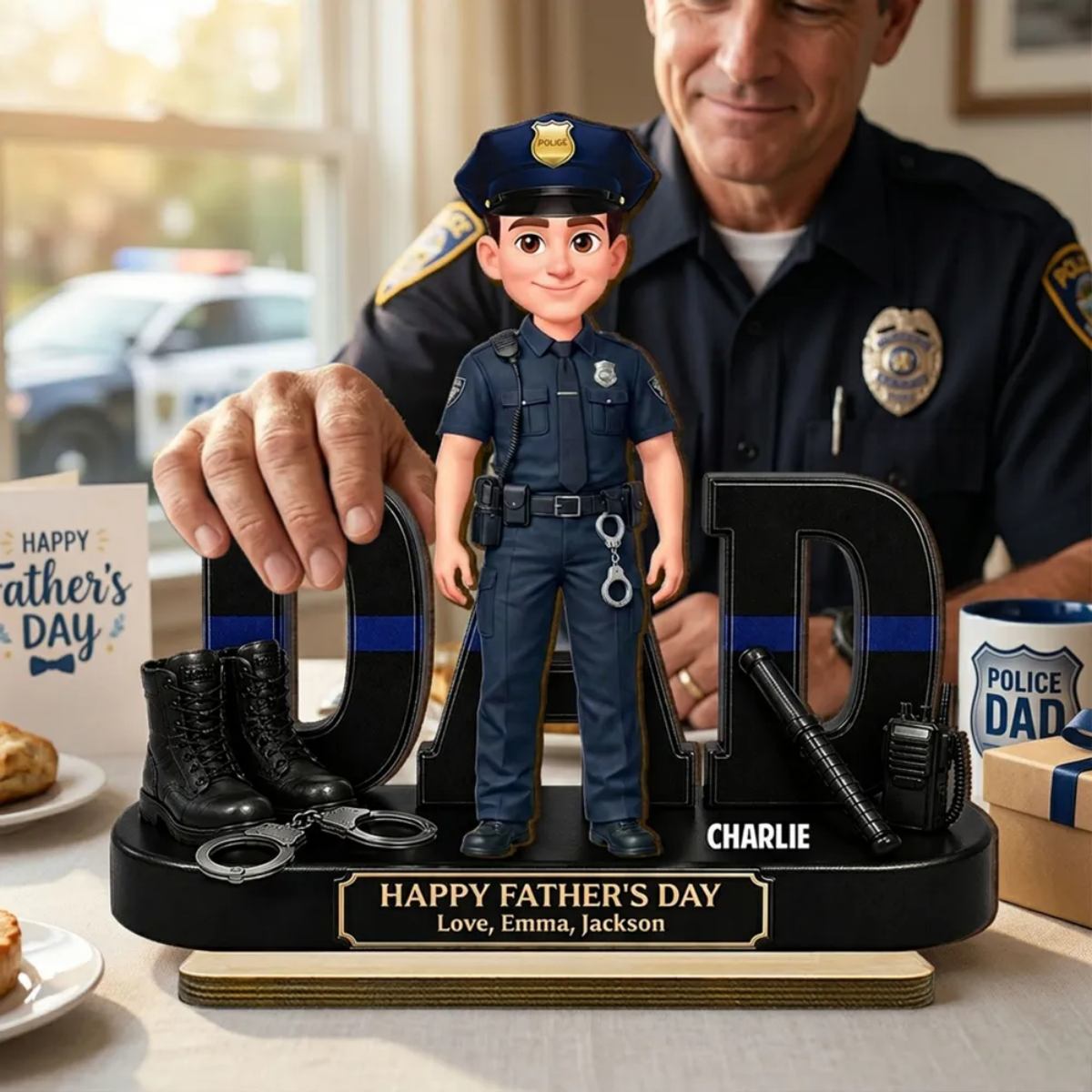Proud American Police Officer Dad - Personalized Wooden Plaque - Father's Day Gift For Dad