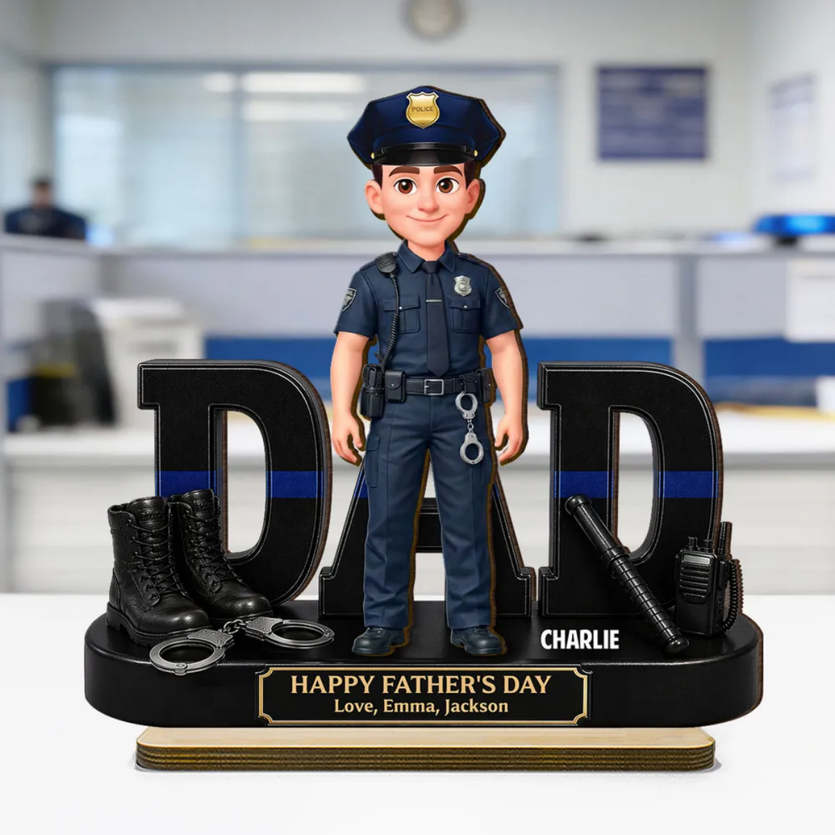 Proud American Police Officer Dad - Personalized Wooden Plaque - Father's Day Gift For Dad