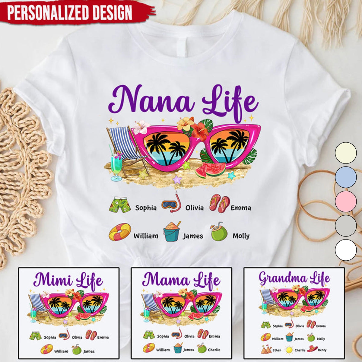 Nana Mimi Grandma Life Sunglasses Beach Vibes Summer Vacation Personalized T-Shirt