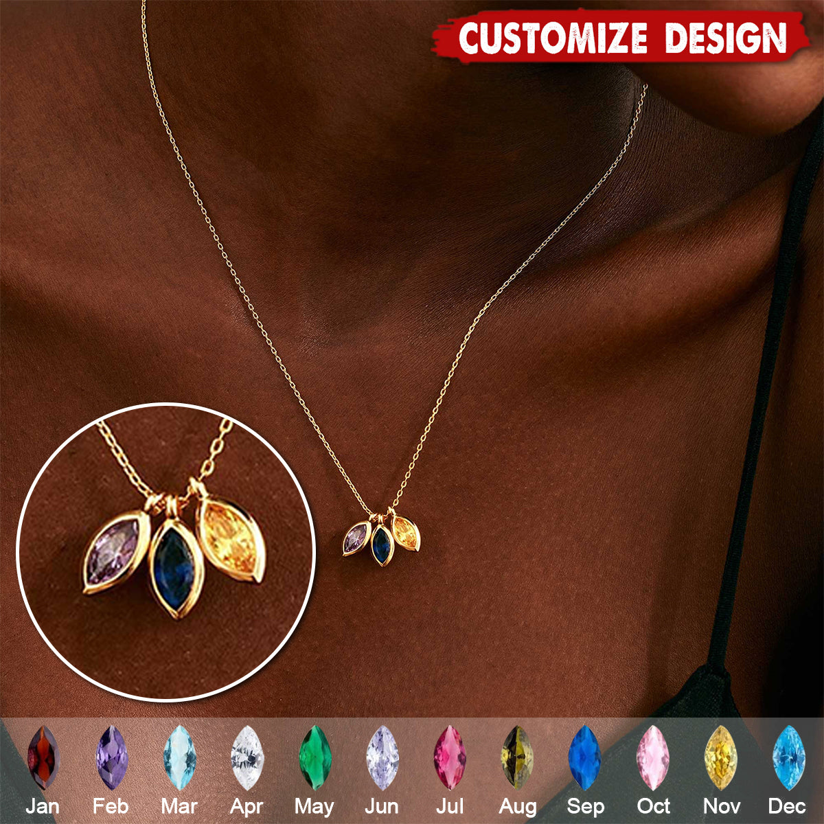 Personalized Leaf Birthstone Necklace - Gift For Mom Grandma