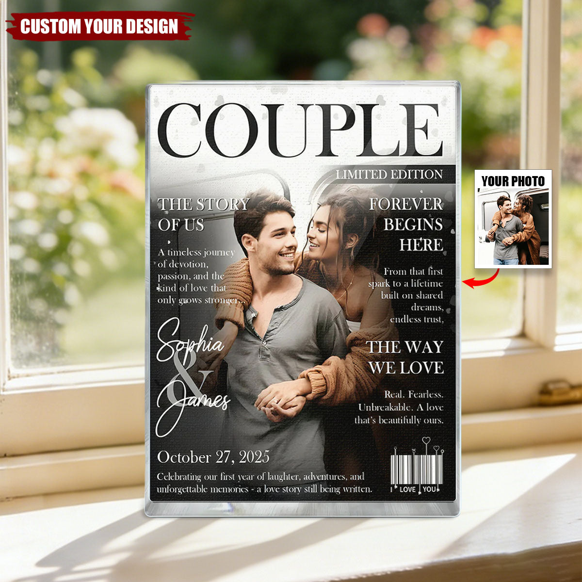 Personalized Love Story Couple Magazine Acrylic Block Plaque - Gift For Romantic Couple