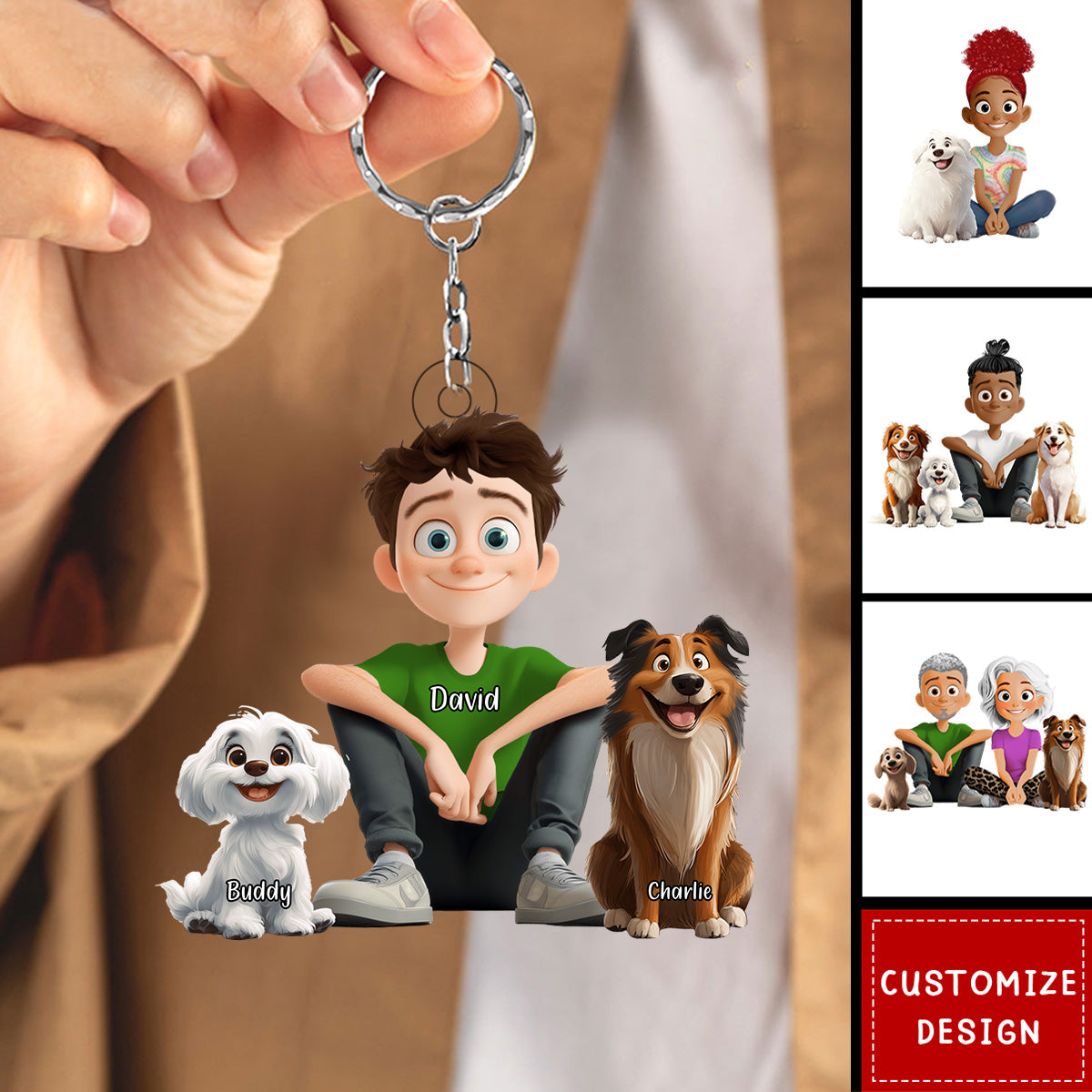 Personalized Cute Cartoon Couple And Dogs Acrylic Keychain-Gift For Dog Lovers, Couple