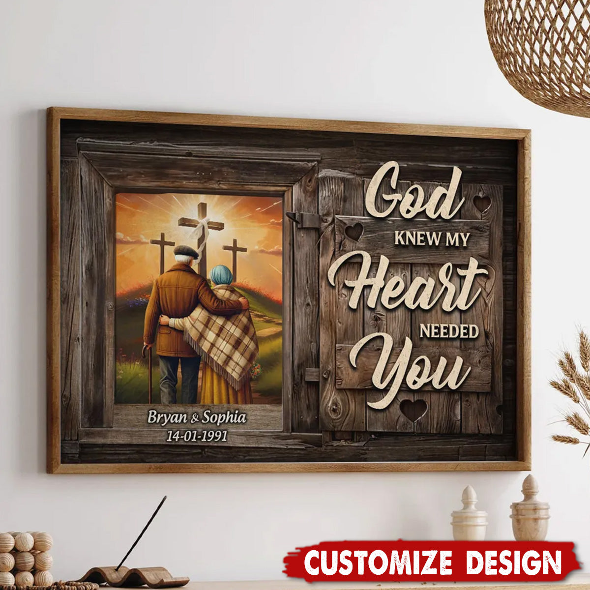 Cross God Knew My Heart Needed You Old Couple Walking Hugging Personalized Poster-Gift For Couples Anniversary