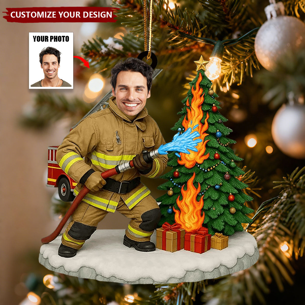 Personalized Photo Firefighter Christmas Ornament - Gift For Fireman