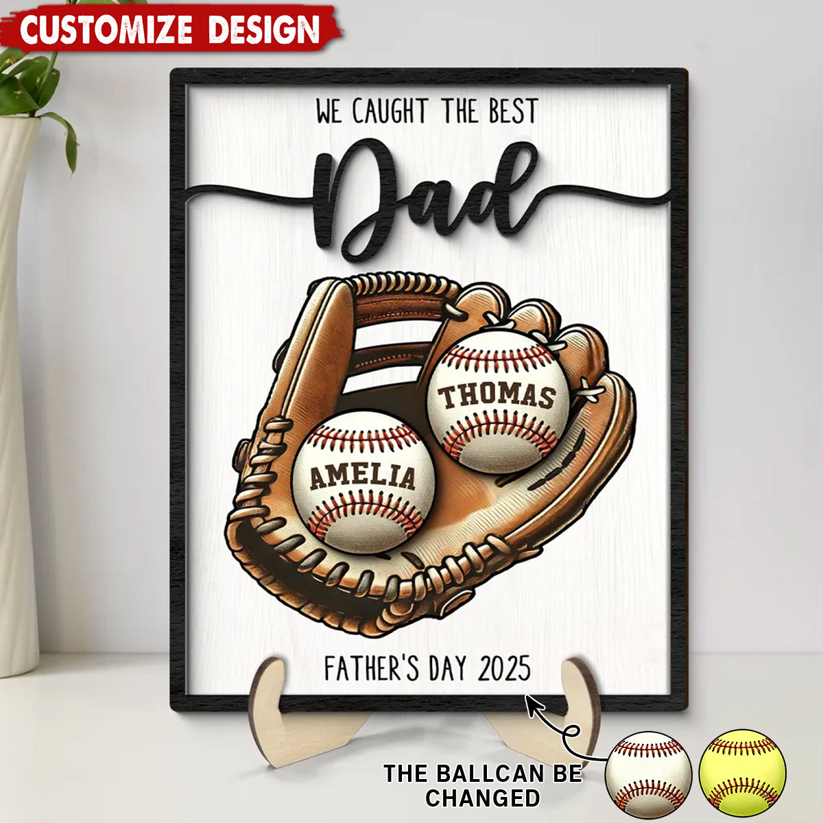 Personalized 2-Layered Wooden Plaque, Father’s Day Gift We Caught The Best Dad Baseball, Softball