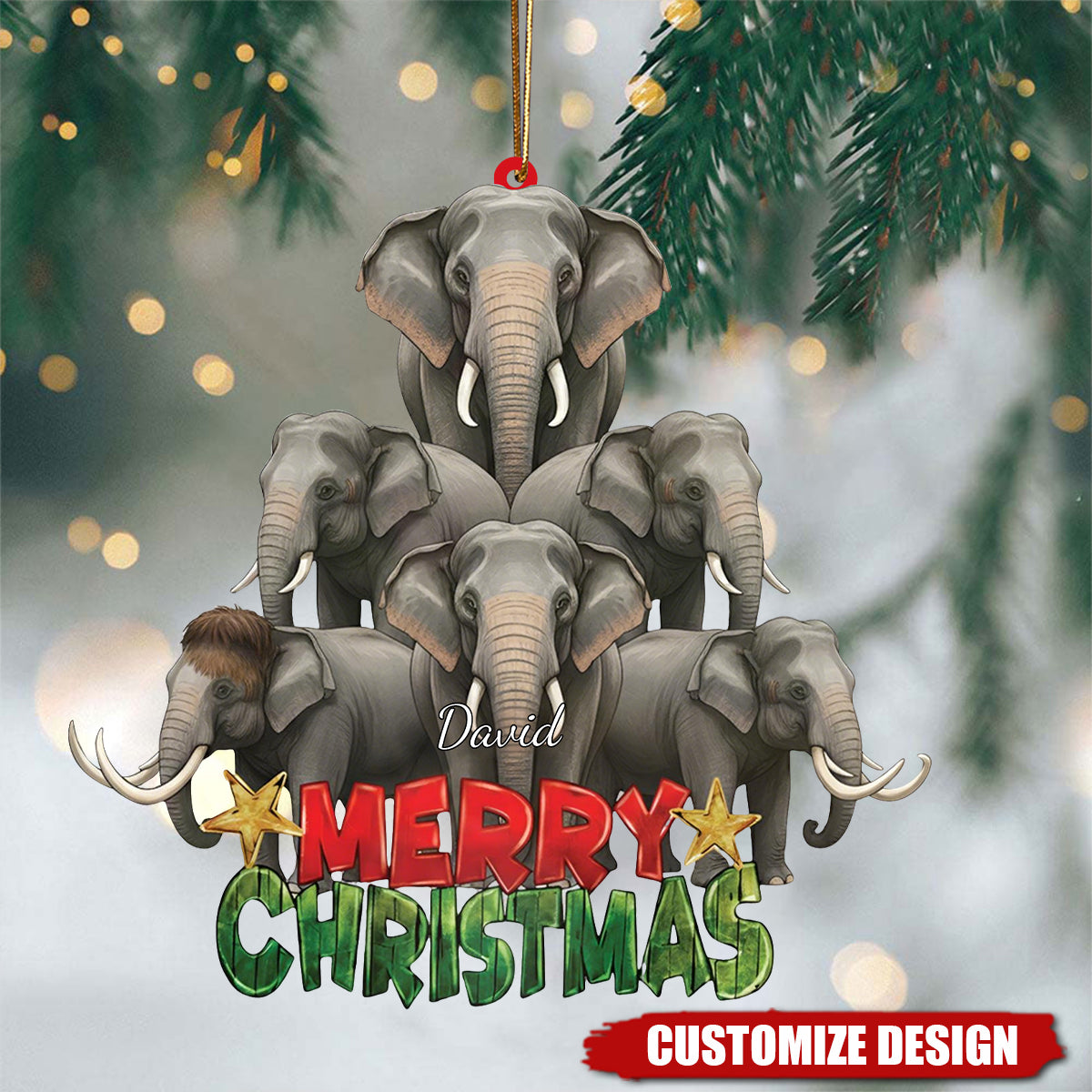 Personalized Cute Elephant Christmas Ornament, Funny Animal Tree Decoration, Wildlife Safari Xmas Decor