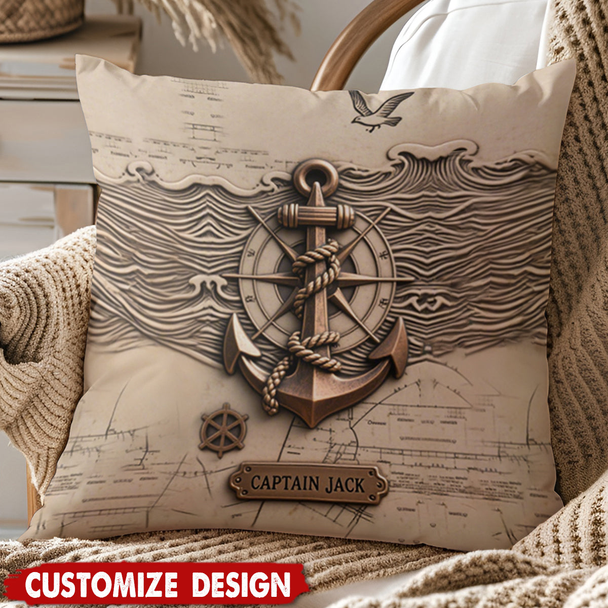 Nautical Anchor Vintage Nautical Map Fragment Personalized Pillow