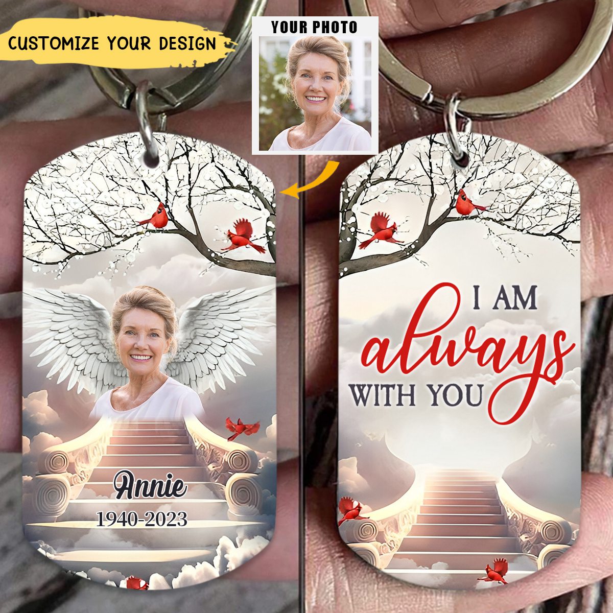 Memorial Upload Photo Wings, I Will Carry You With Me Until I See You Again Personalized Keychain