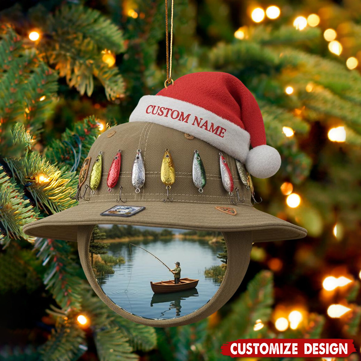 Personalized  Hat & Lake Scene Fishing Christmas Ornament - Gift for Fisherman