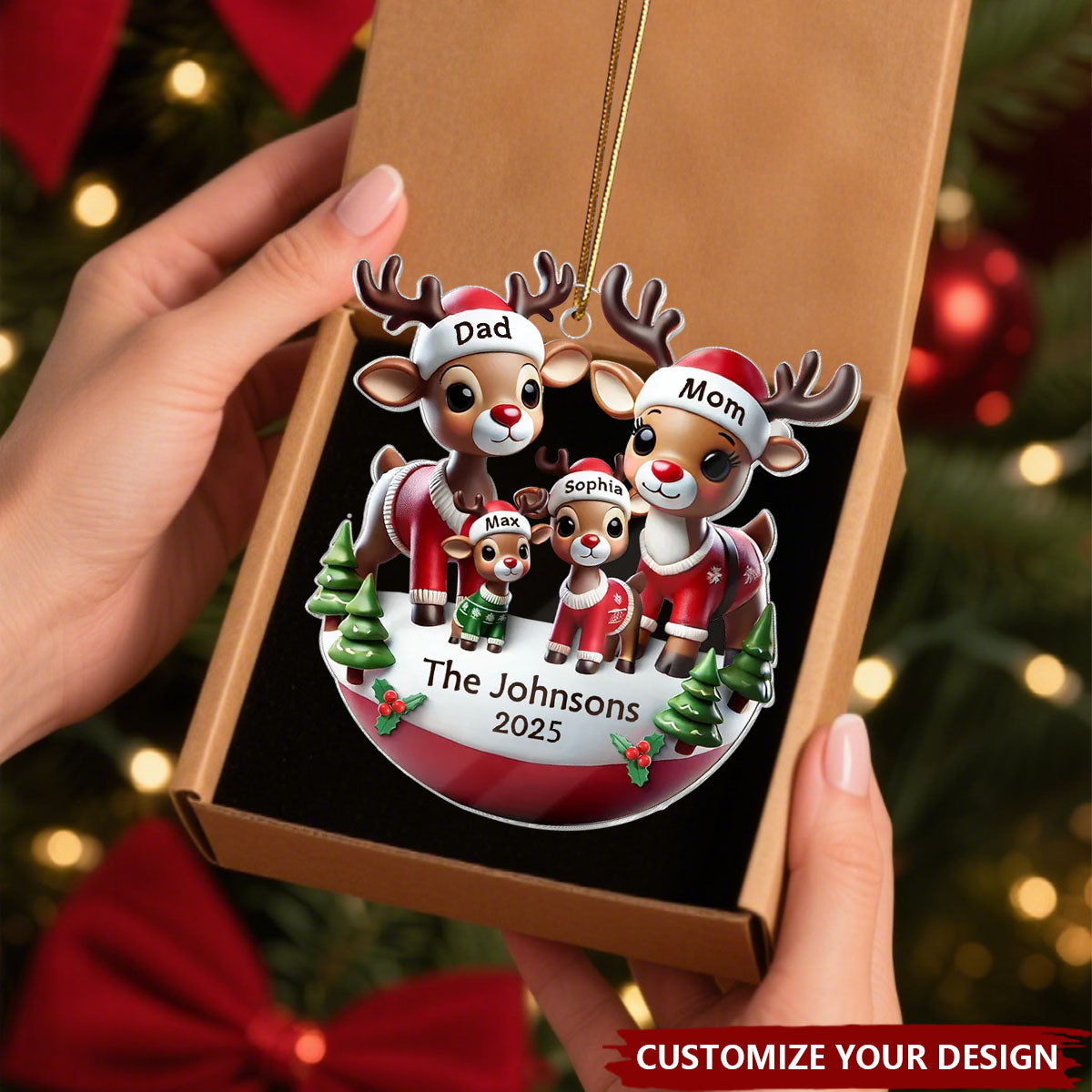 Reindeer Family 3D Effect Cute Christmas Decor Personalized Acrylic Ornament