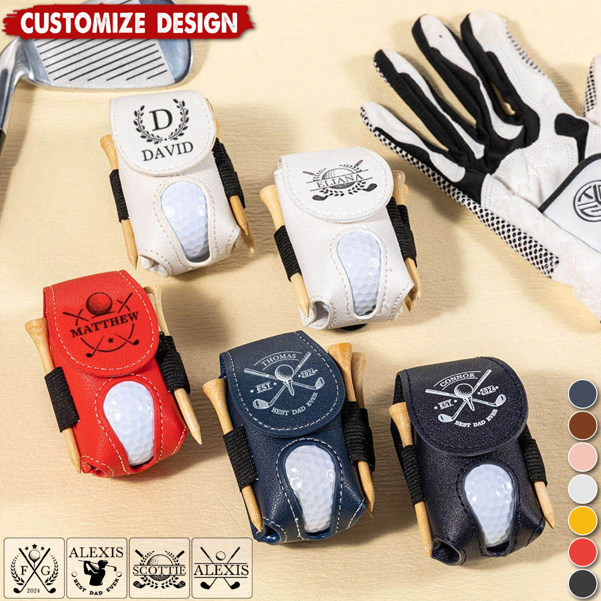 Personalized Multicolor Leather Golf Pattern Design Golf Ball Waist Bag with Name and Belt Clip-Gift for Golf Lovers