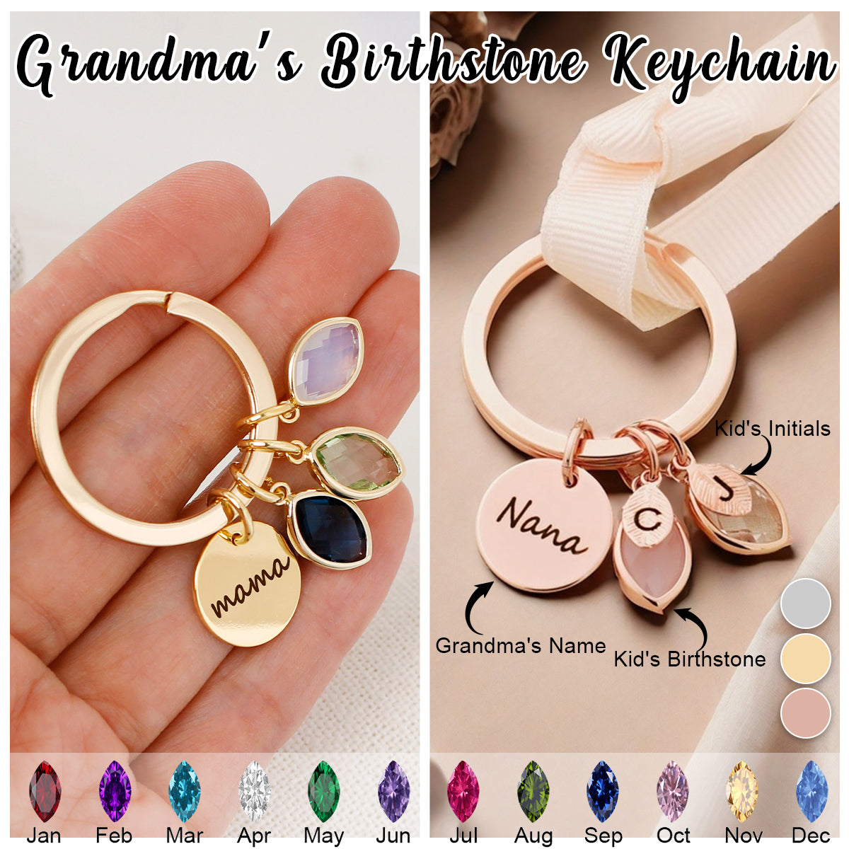 Personalized Initial Name keychain with Birthstone-Mother's Day Gift