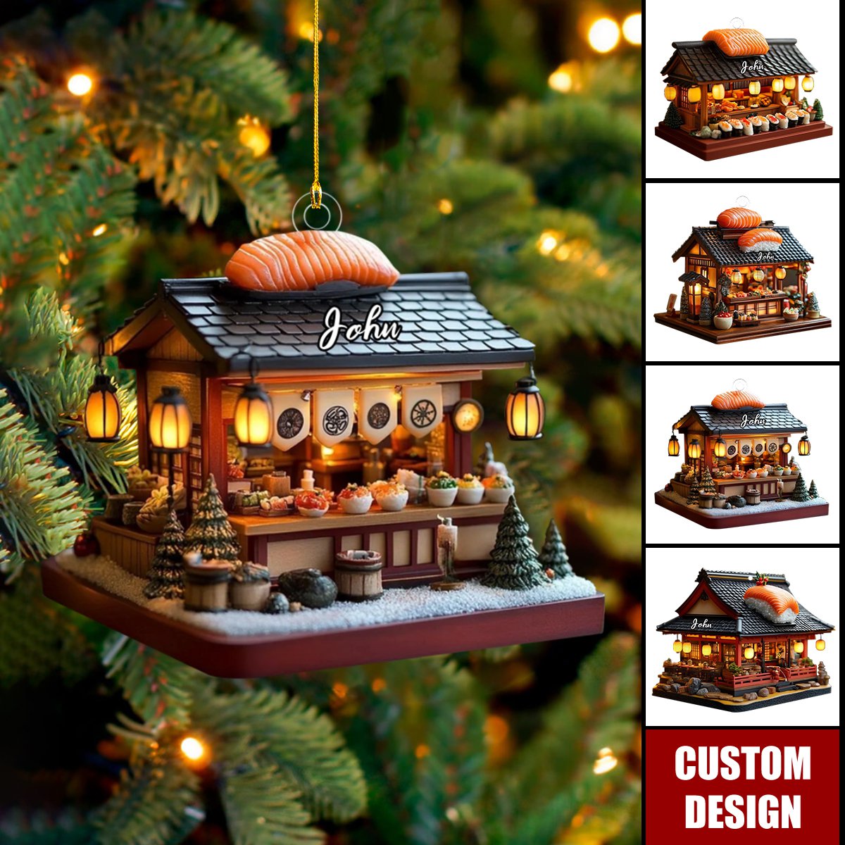 Custom Japanese Sushi Shop Christmas Ornament, Miniature Holiday Market With Salmon & Bowls