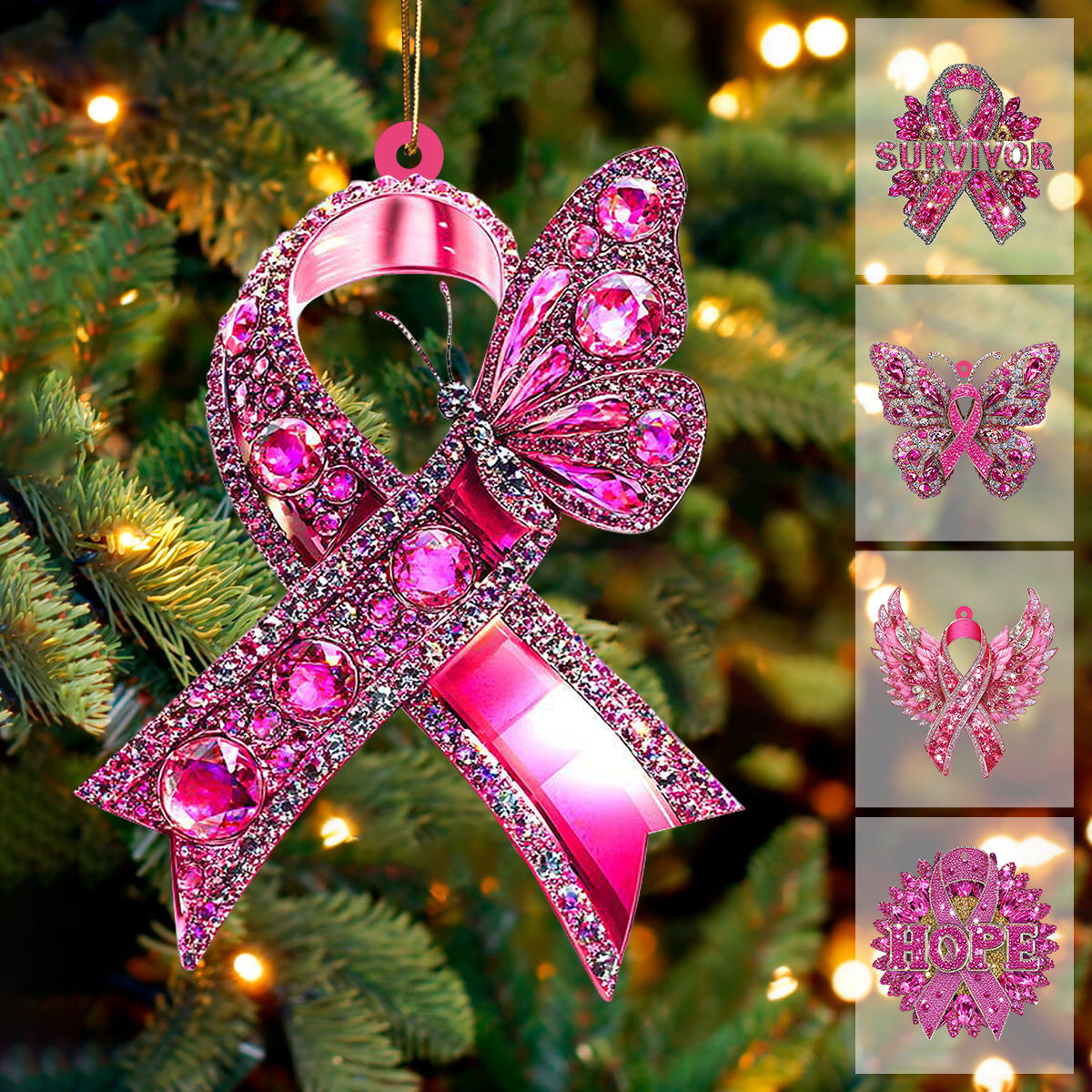Pink Ribbon Wing Acrylic Ornament, Christmas Breast Cancer Ornament, Breast Cancer Fighter Ornament, Breast Cancer Survivor Decor