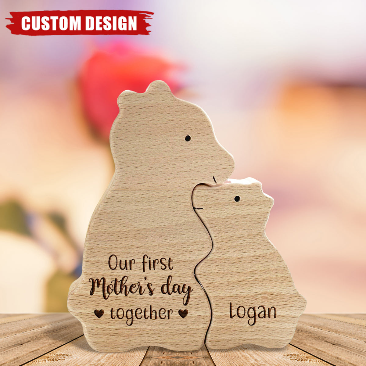 Wooden Bear Mom And Baby - Personalized Bear Wooden Puzzle, First Mother's Day Gift