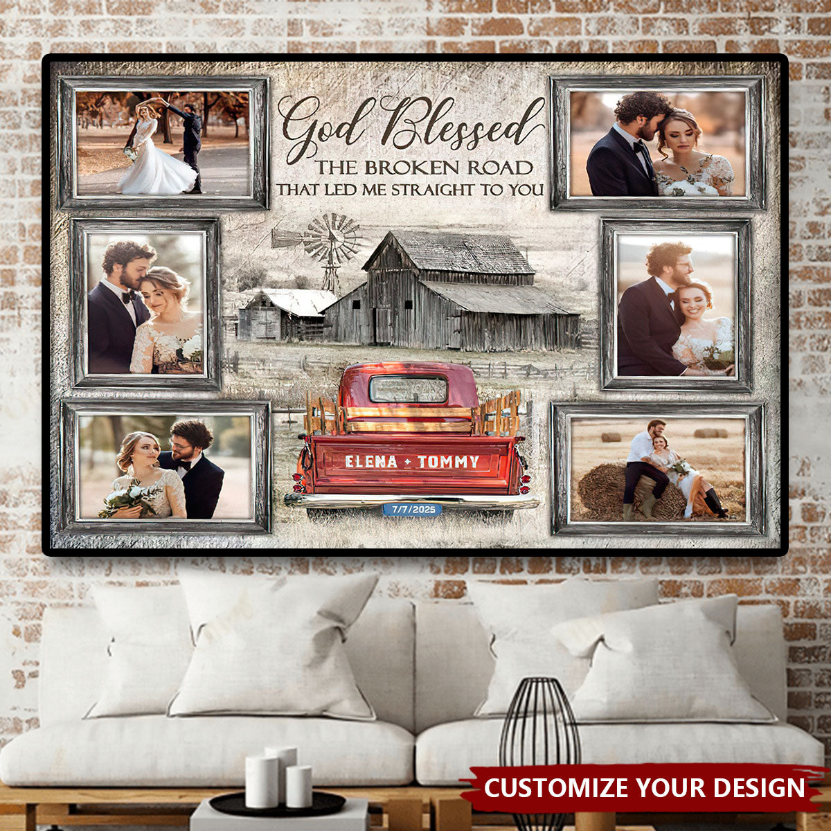 God Blessed Farmhouse Bar and Truck Personalized Photo Collage Wall Art Canvas Poster