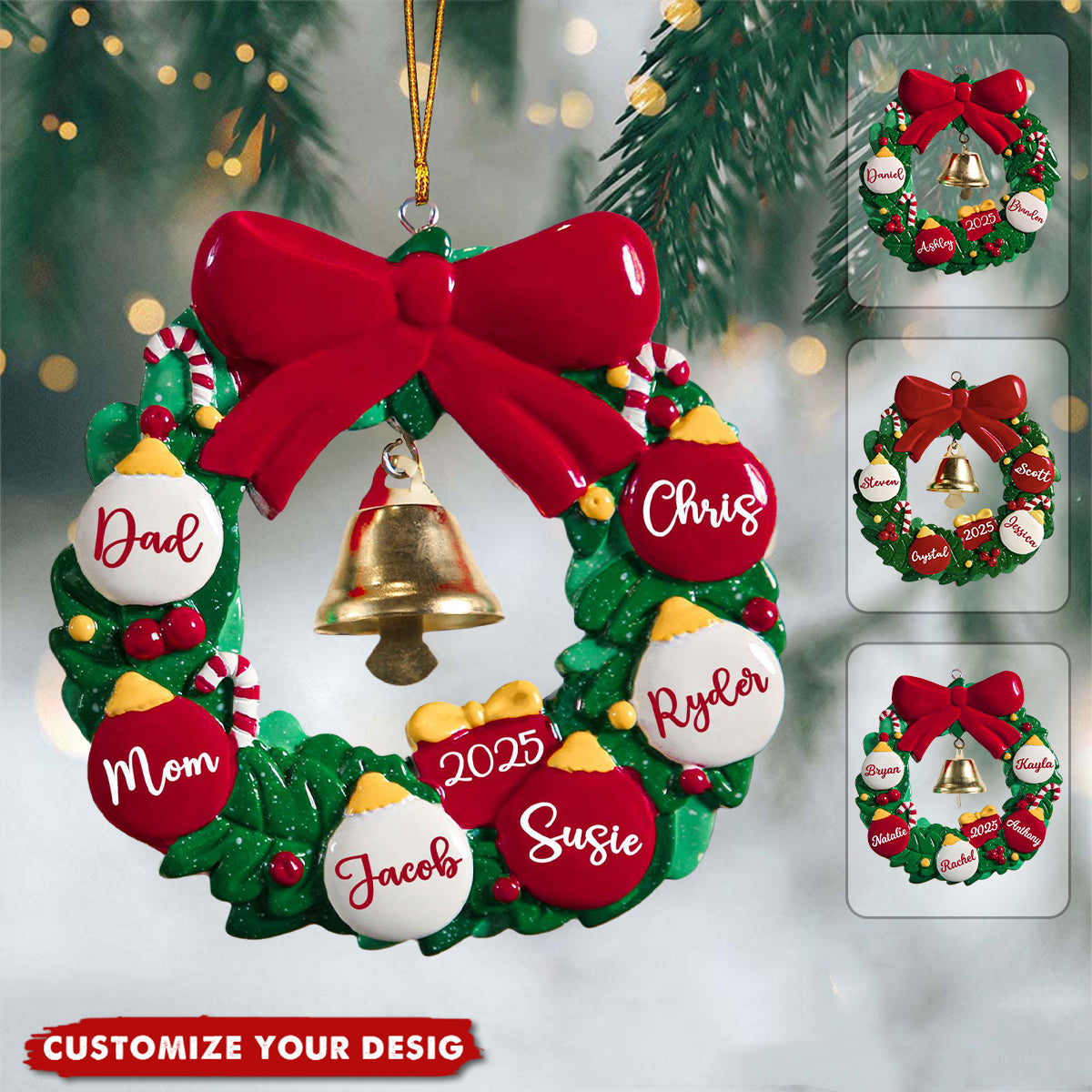 Personalized Family Wreath Christmas Ornament, 2025 Family Christmas Ornaments With Name