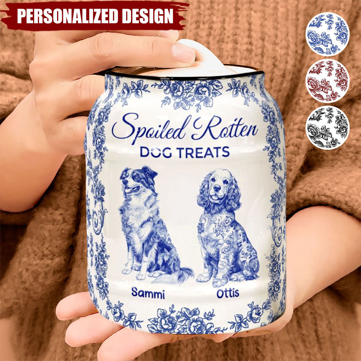 Spoiled Rotten Dog Treats Floral Toile De Jouy Chinoiserie-Personalized Cookie Jar