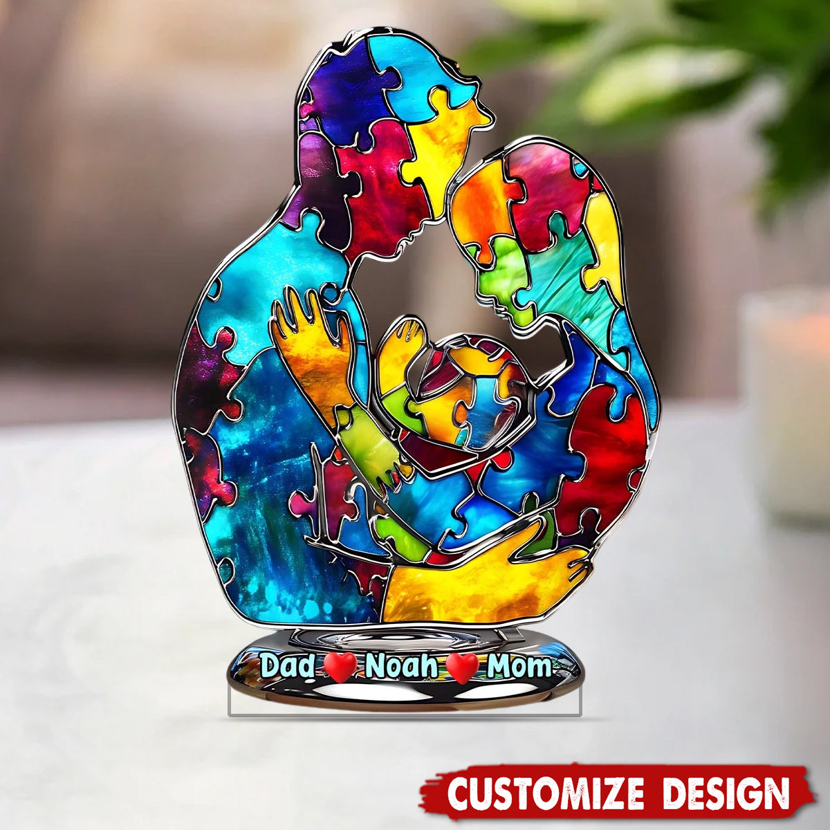 Autism Family Hugging - Personalized Autism Awareness Shaped Acrylic Plaque