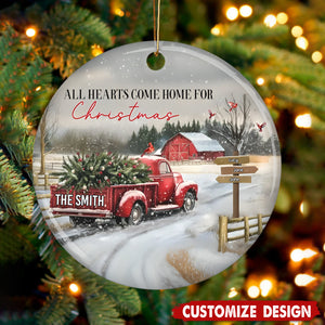 Personalized Red Truck And Snow Christmas Ornament - Gift For Family
