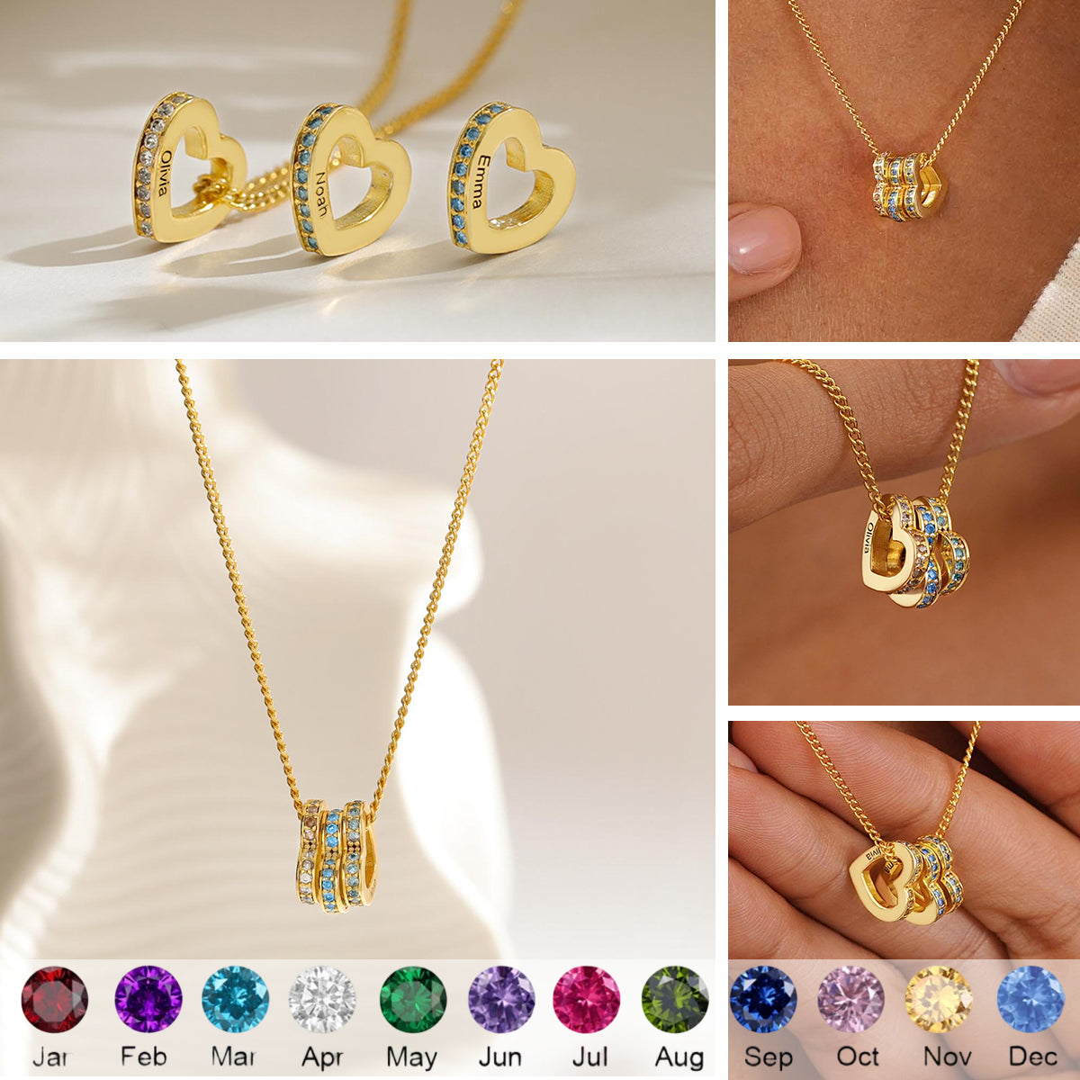 Personalized Heart Circle Birthstone Necklace with Name, Custom Birthstone Necklace, Dainty Family Gift for Her, Mothers Day Gift