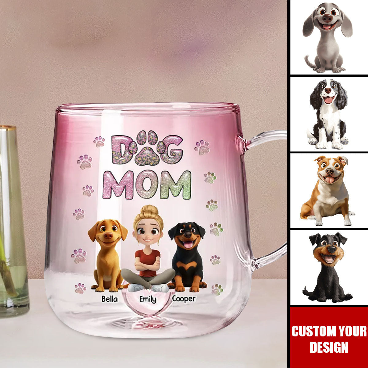Dog Mom Lovely Chibi - Personalized Pink Gradient Glass Mug