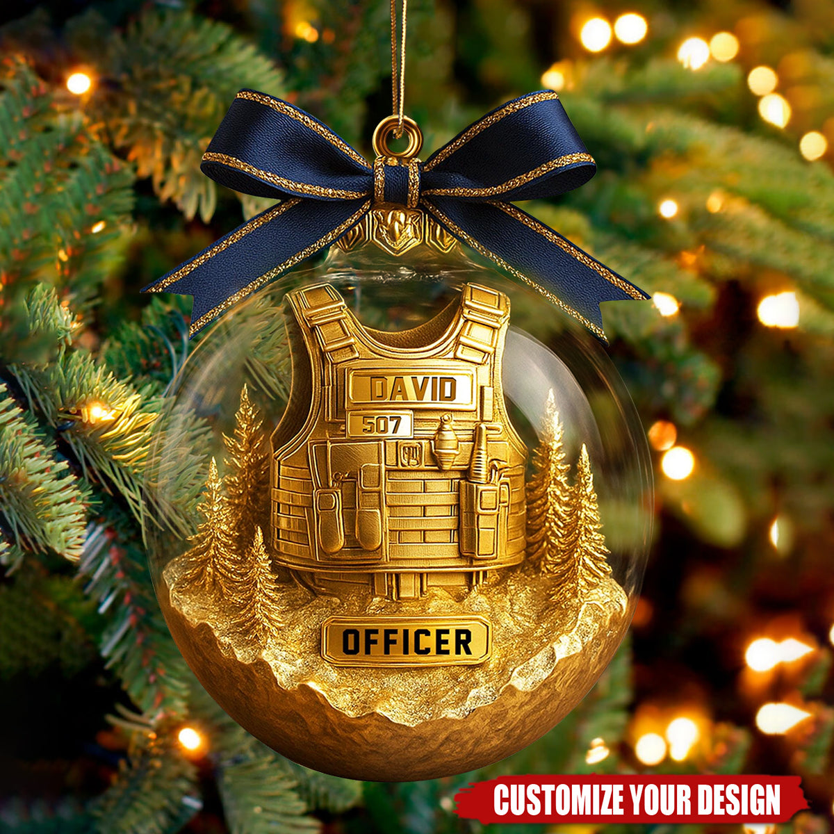 Personalized Police Officer Ornament with Golden Vest, Law Enforcement Xmas Gift
