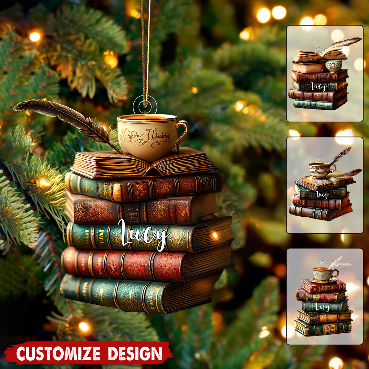 Personalized Vintage Book Stack Light Bauble Christmas Ornament - Gift For Book Lover