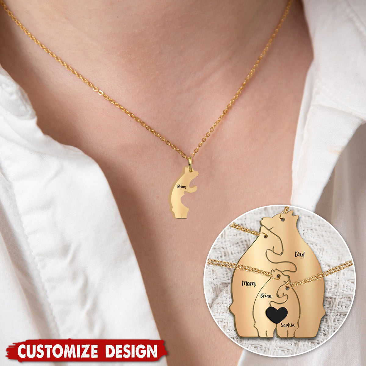 Personalized Family Bear Matching Pendant Necklace