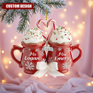 Custom Hot Cocoa Mugs Wedding Couple Christmas Ornament, Wedding Newlywed Decor, Anniversary Gifts for Bride & Groom, Married Keepsake Gift