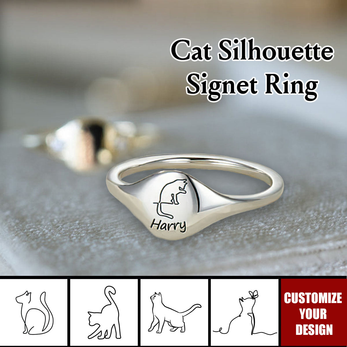 Personalized Cute Engraved Cat Silhouette Ring with Name Dainty Jewelry Anniversary Birthday Memorial Gift for Cat Lover