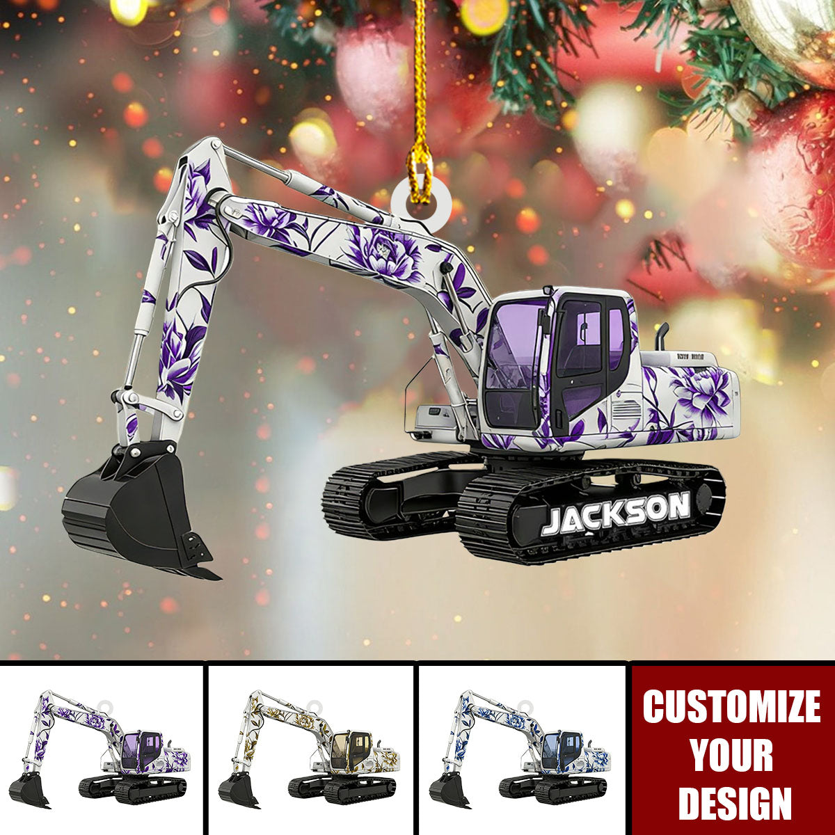 Personalized Excavator Toile De Jouy Christmas Ornament, Construction Truck Holiday Home Decor