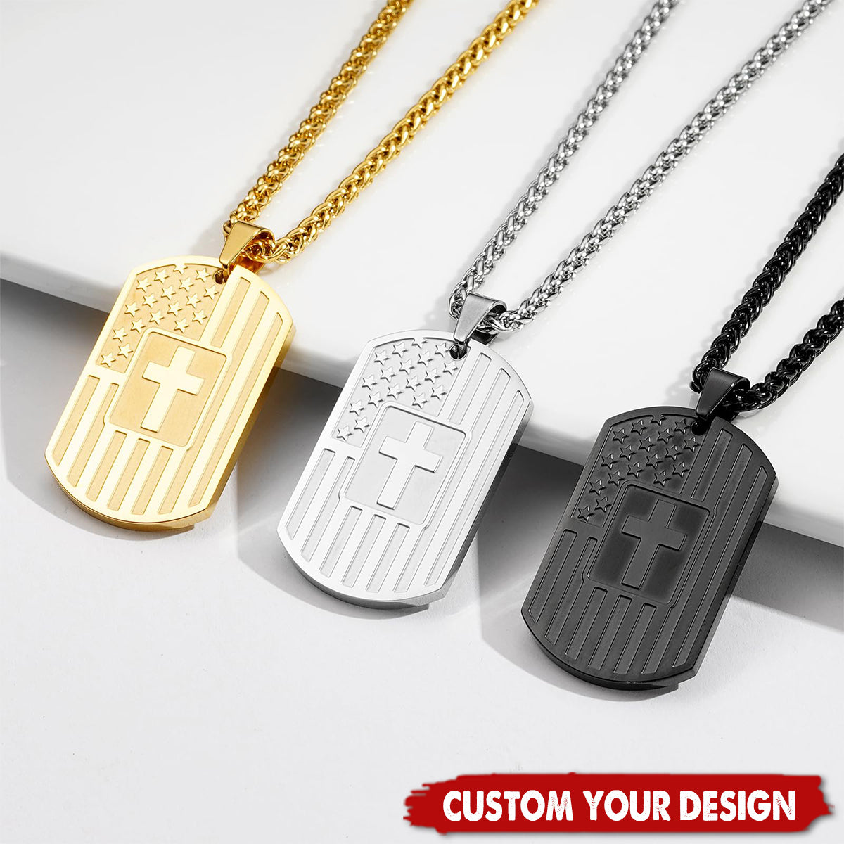 Personalized Christian American Flag Man Dog Tag Cross Necklace Father's Day Gifts