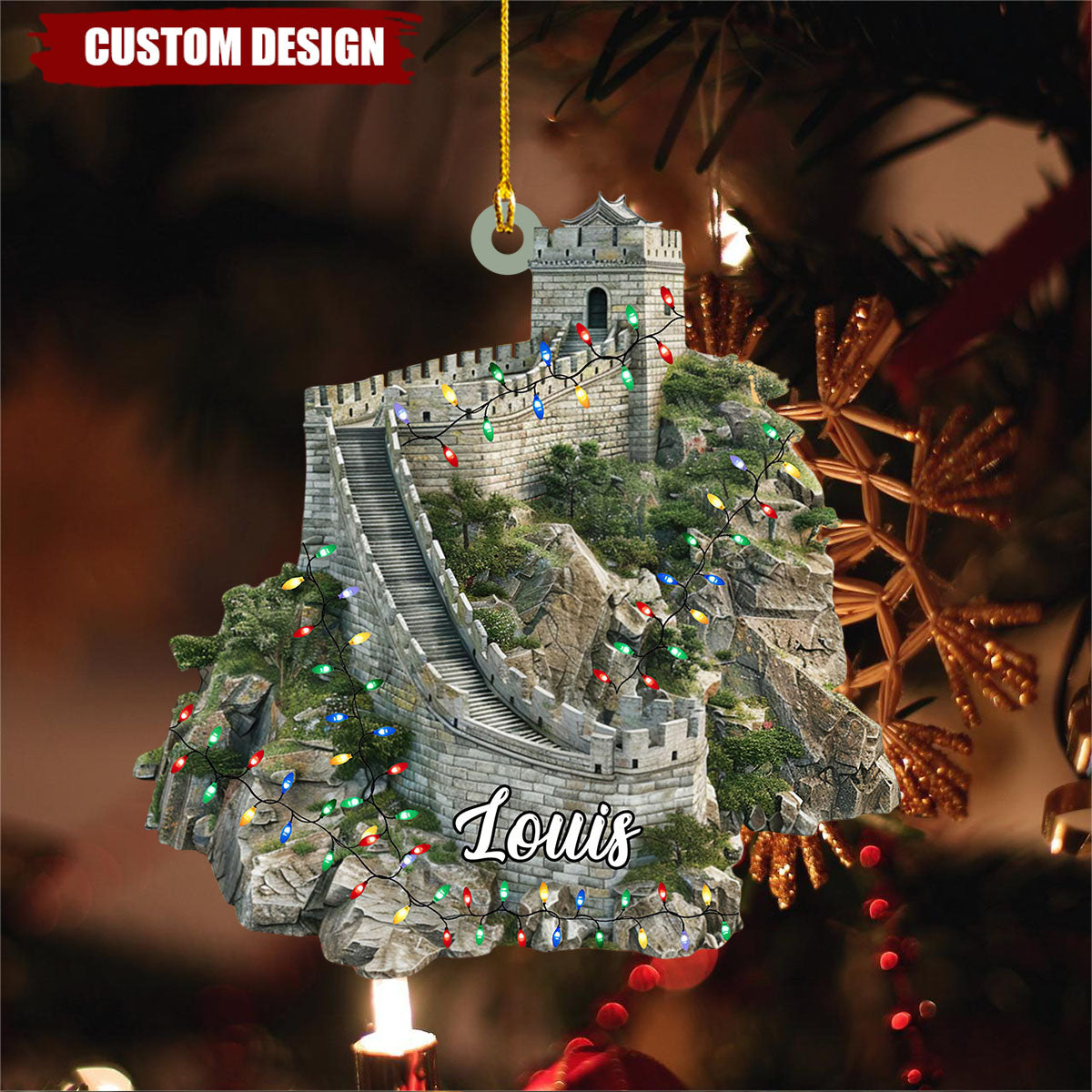 Custom Name Great Wall of China With Christmas Lights Personalized Ornament, Christmas Tree Hanging Decor, Christmas Ornament, Flat Ornament