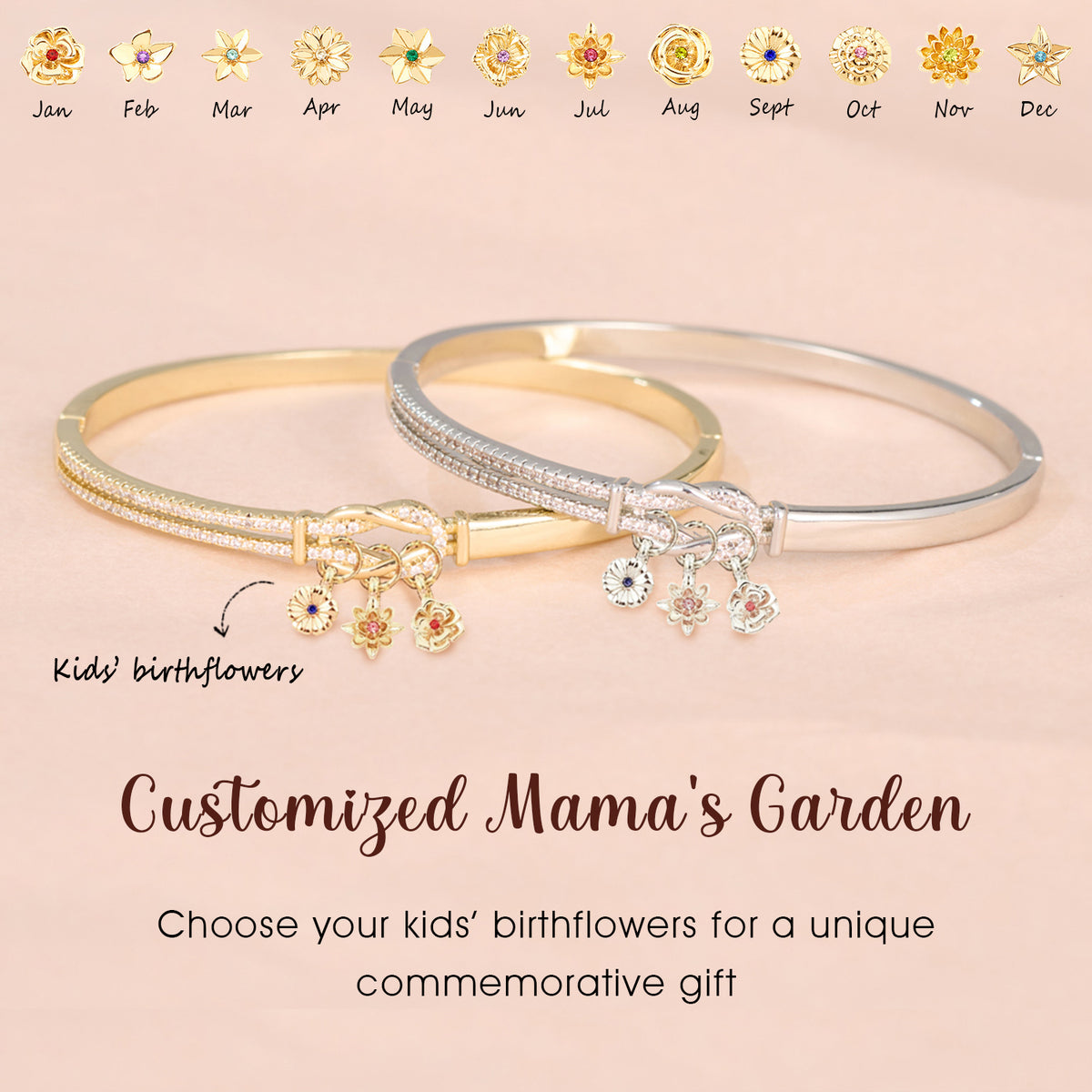 Personalized Birthflowers Knot Bangle, Gift For Grandma