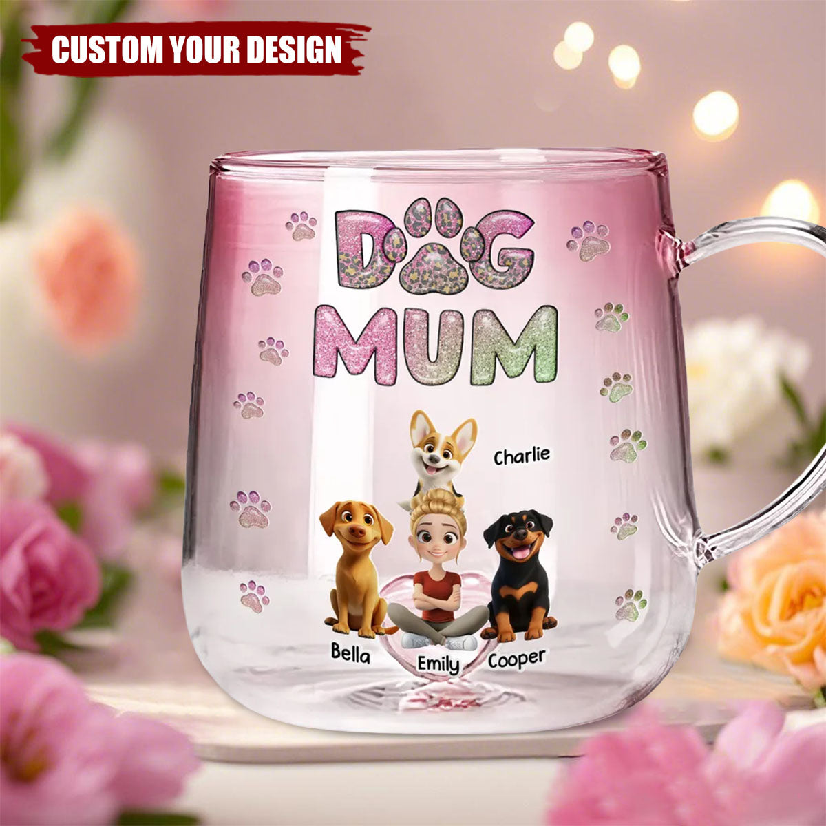 Dog Mom Lovely Chibi - Personalized Pink Gradient Glass Mug