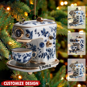 Personalized Unique Blue White Espresso Machine Christmas Ornament  - Gift For Coffee Maker And Floral Barista