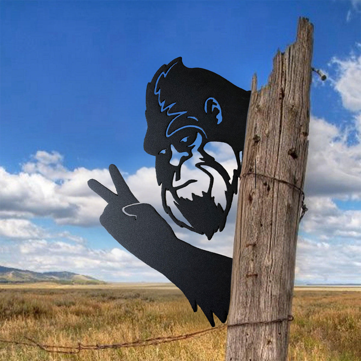 Peek-a-Boo Peace Sign Bigfoot Metal Sign – Peace Sign Edition - Sasquatch Peace Sign