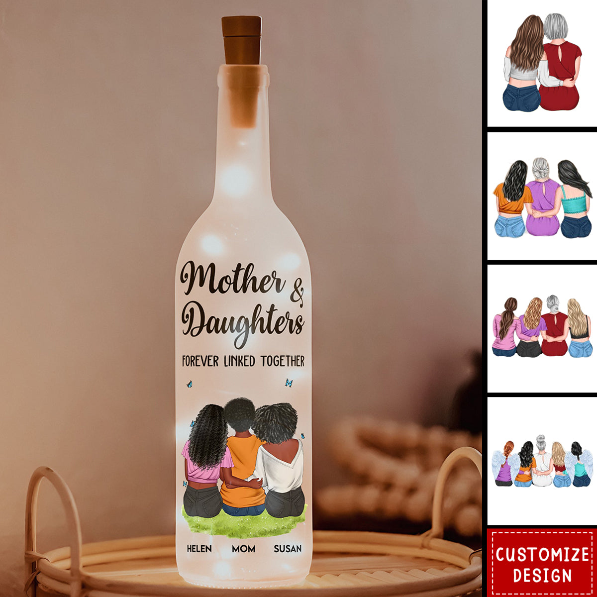 Mother And Daughter Forever Linked Together - Personalized Bottle Lamp