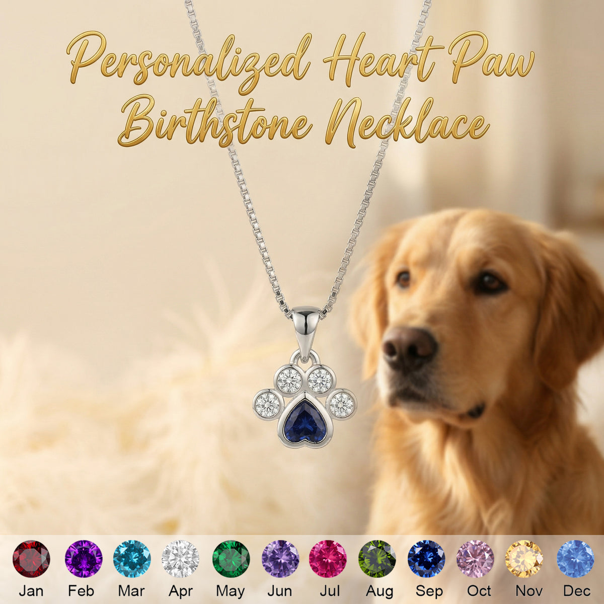 Personalized Heart Paw Birthstone Necklace - Gift For Dog Cat Lovers